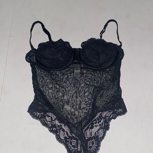 Victoria’s Secret Black Corset Bustier Sheer Lace 34C Bodysuit Teddy Lingerie